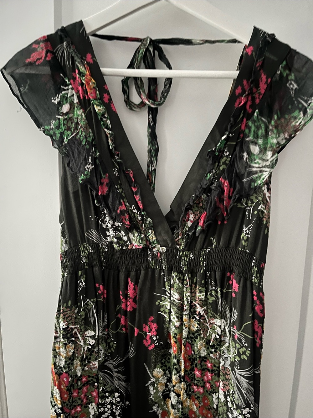 Floral V-Neck Ruffle Sleeve Women's Top - Black with Pink & Green